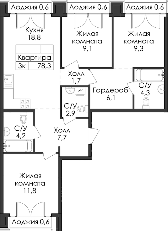 3-комнатная квартира 78.3 м², 8/9 эт., ЖК «Лермонтовский 54»